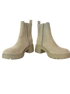 Taupe Suede Lug Sole Chelsea Boots - Knit Sock Collar - Size 7